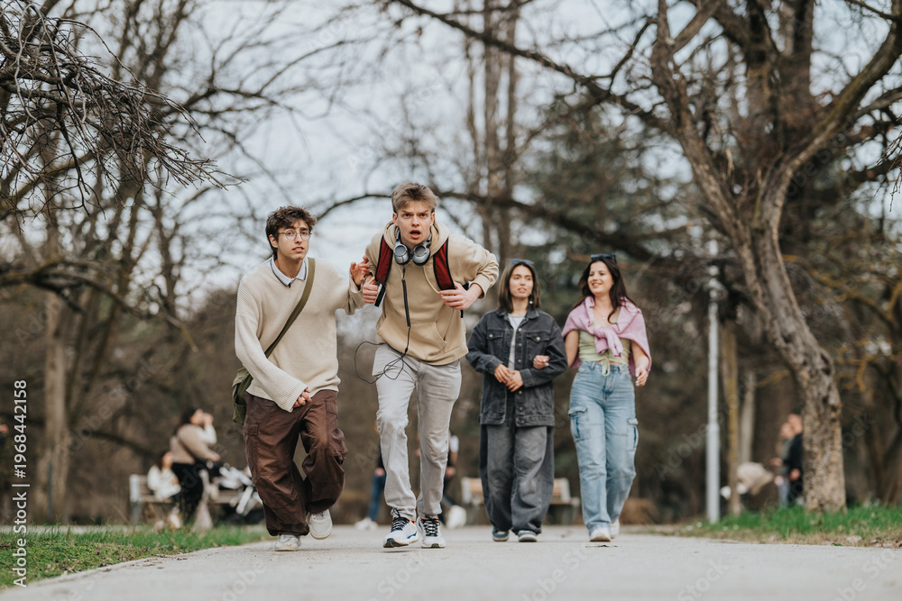 Fototapeta premium Four teenagers running and walking together on a park path, two boys leading and two girls following.