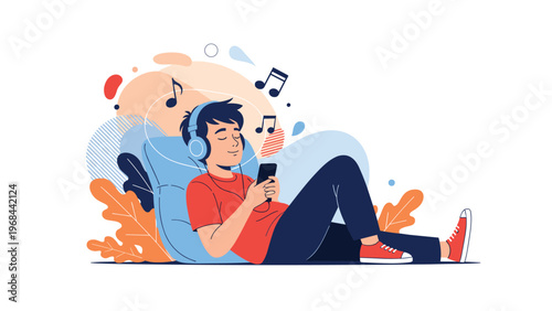 Young man relaxes on a large blue pillow while listening to music with headphones and his smartphone surrounded by floating musical notes.
