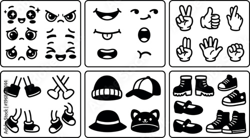 Black and white cartoon faces hands hats and shoes icons set