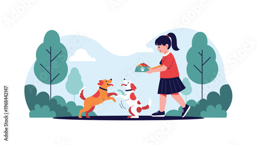 Young girl in a red shirt and black skirt feeds two playful dogs in a park surrounded by green trees and bushes under a clear blue sky.