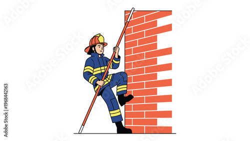 Brave firefighter in a full protective uniform and helmet uses a long pole to climb a tall red brick wall during a rescue operation or drill.