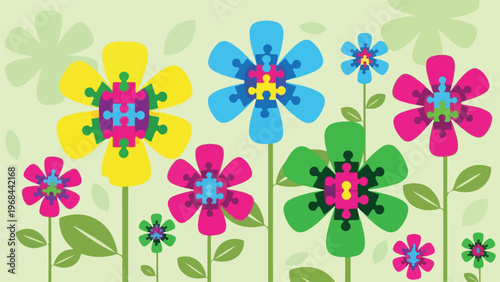 Colorful flowers with puzzle piece centers on a light green background