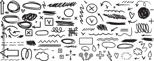 Принти на полотні Collection of hand drawn scribbles arrows shapes and lines on white background