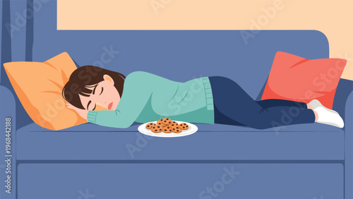 Tired young woman sleeps peacefully on a blue sofa while lying next to a plate of chocolate chip cookies in a cozy living room setting.