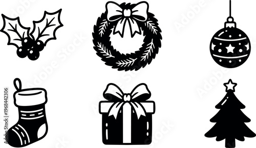 Black and white christmas wreath holly berries stocking gift box tree icons set