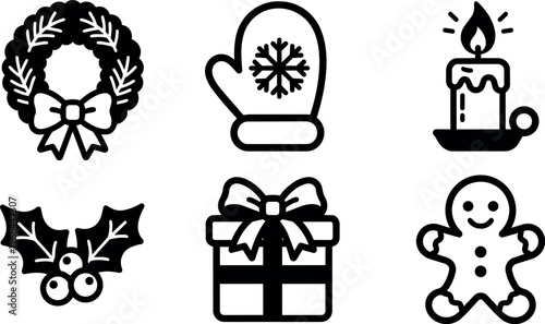 Black and white holiday icons wreath mitten candle holly gift gingerbread man