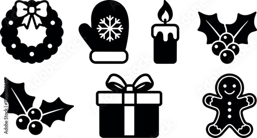 Christmas holiday icons wreath mitten candle gift and gingerbread man silhouette vector art