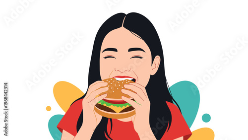 Happy young woman with long black hair smiles with closed eyes while taking a large bite of a tasty hamburger with lettuce and cheese.