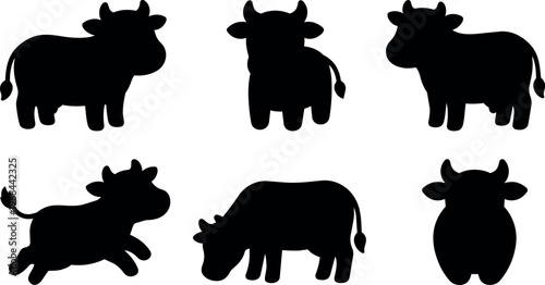 Black silhouette vector art of six cartoon cows in various poses