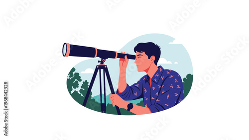 Man in a patterned blue shirt looks through a professional telescope on a tripod to observe the stars or distant landscapes from a hilltop.