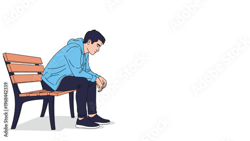 Lonely young man wearing a blue hoodie sits sadly on a wooden park bench with his head down as he reflects on his thoughts in a minimalist space.