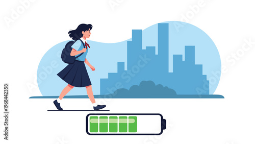 Schoolgirl with a backpack walks to school while a fully charged green battery icon is displayed below her to represent high energy levels.