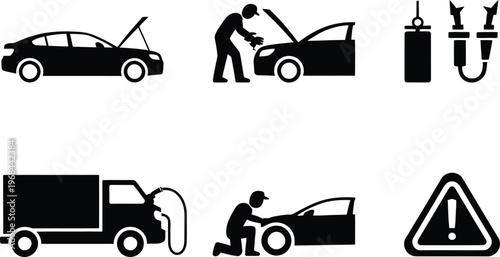 Car service and repair icons collection with tow truck with gas station with auto shop with vehicle repair with car maintenance with engine repair with tire change with roadside assistance
