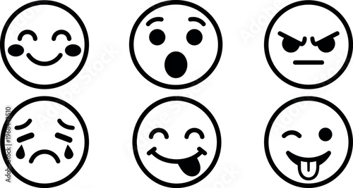Black and white line art happy surprised angry crying silly and winking emoji faces