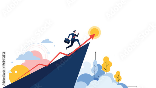 Ambitious businessman in a suit carries a briefcase while running up a steep rising arrow graph toward a glowing sun to represent success.