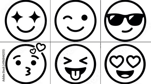 Black and white emoji line art with star eyes wink sunglasses love kiss and tongue out faces