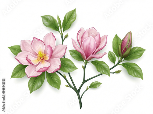 Beautiful pink magnolia flowers with green leaves on a stem  floral illustration transparent background