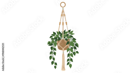 Green houseplant with many leaves is displayed in a decorative brown pot held by an intricate macrame plant hanger against a white wall.