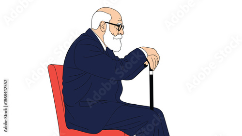 Distinguished elderly man with a white beard and glasses sits on a red chair while holding a black cane and looking forward thoughtfully.