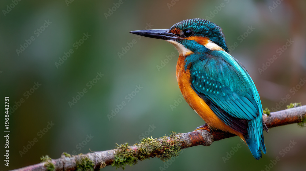 Fototapeta premium A vibrant common kingfisher bird perched on a mossy branch in nature.