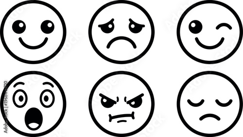 Black and white line art six different emoticon faces showing happy sad wink angry and surprised emotions