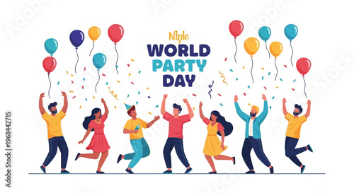 A cheerful group of diverse cartoon characters celebrates World Party Day, joyfully dancing with raised arms against a white backdrop, amidst colorful balloons and confetti in a vibrant