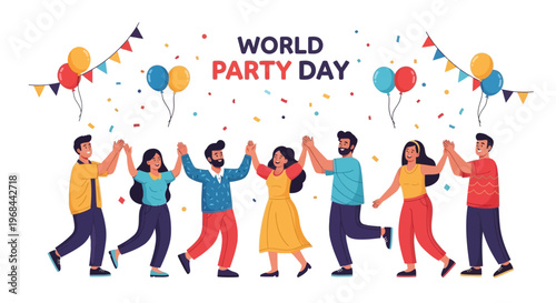 A festive vector illustration depicting a diverse group of people celebrating World Party Day, dancing with arms raised against a confetti-filled background, embodying a joyful