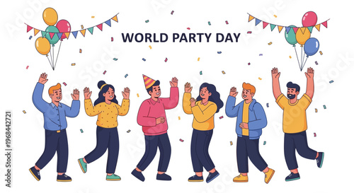Illustrated people celebrate World Party Day in a vector design, with confetti and festive bunting against a white background, creating a joyful and celebratory atmosphere with simple