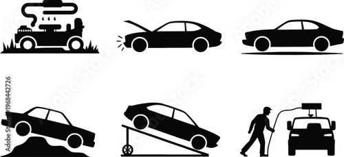Car washing and repair icons collection with tow truck with gas station with auto shop with vehicle repair with car maintenance with engine repair with roadside assistance with car inspection