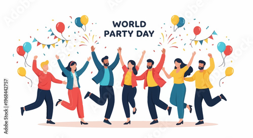 A cheerful group of diverse vector characters celebrates World Party Day with raised arms and confetti, set against a clean white background with festive decorations in a bright, colorful