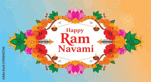 Colorful floral decoration with text, bow, arrows, and oil lamps