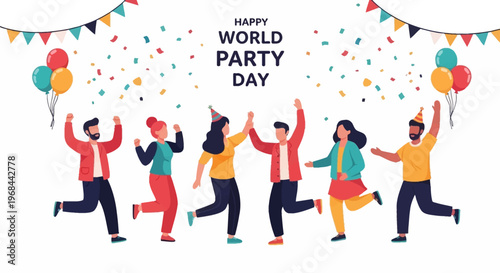 Cheerful vector art for World Party Day featuring diverse characters celebrating together with hands raised against a decorated white background, conveying a fun and festive event