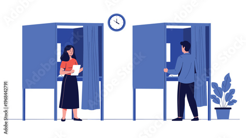 Woman and man cast their votes in separate blue voting booths while a clock on the wall shows the time during an important election day.