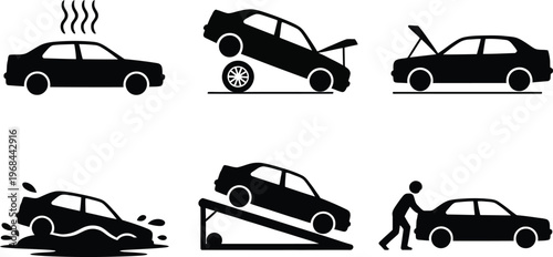 Car problems and solutions icons set with tow truck with gas station with auto shop with vehicle repair with car maintenance with engine repair with tire change with roadside assistance with auto icon