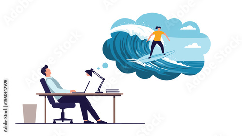 Tired office worker leans back at his desk and dreams of surfing on a giant blue wave while his laptop and books sit on the table nearby.