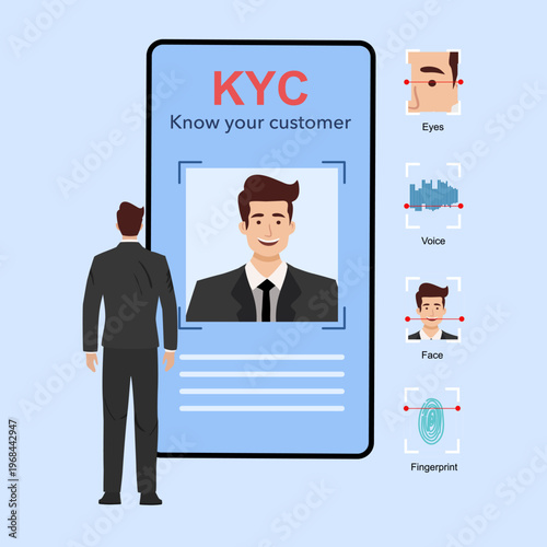 E-KYC or know your customer with business verifying the identity of its clients concept at the partners-to-be through a magnifying glass vector illustrator.