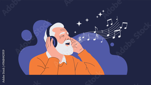 Joyful senior man with a white beard wears headphones and sings along to music with floating notes and stars on a deep blue background.