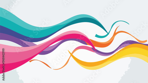 Colorful, flowing ribbons cascade across a white and grey background