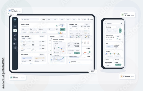A modern travel booking application user interface displayed on a tablet and a smartphone, featuring flight search, itinerary planning, and seat selection tools in a clean design.