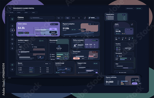 A comprehensive dark mode insurance claims portal dashboard featuring data visualization, claim status tracking, payout analytics, incident reports, and a mobile interface mockup.
