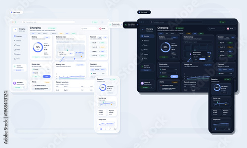 A comprehensive electric vehicle charging dashboard interface shown in light and dark modes for desktop and mobile devices, featuring battery status, maps, and energy usage data.