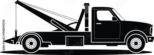 Black silhouette of a tow truck with a hook and cable with utility vehicle with roadside assistance