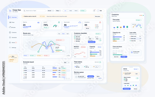 This user interface design for air cargo management shows real-time logistics data, fleet status, and route maps across desktop, tablet, and mobile device screens in a clean style.