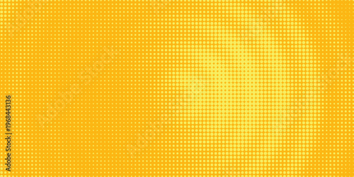 Yellow halftone pattern. Retro comic gradient background. Bright orange pixelated dotted texture overlay. Cartoon pop art faded gradient pattern. Vector backdrop for poster  banner  advertisement