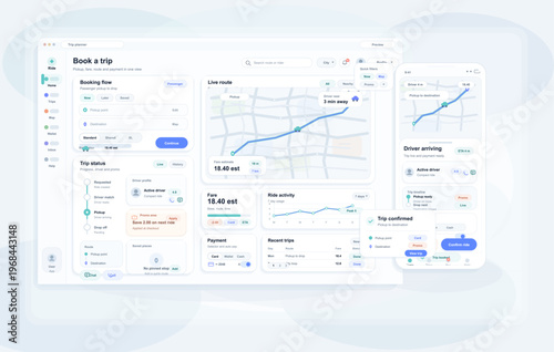 This modern user interface design for a transportation app displays a desktop dashboard and mobile phone screen with route maps, fare estimates, and booking management tools.