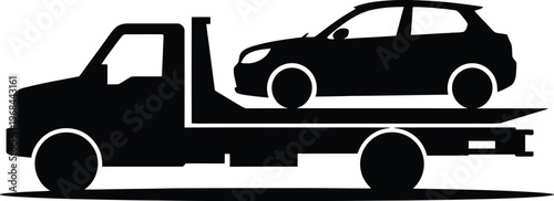 Black silhouette of a flatbed tow truck carrying a hatchback car with black and white with auto transport with utility vehicle