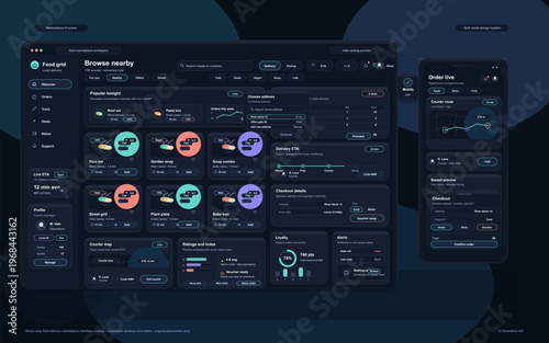 This vector illustration displays a comprehensive dark mode food delivery application interface for desktop and mobile devices including order tracking and menu selection.