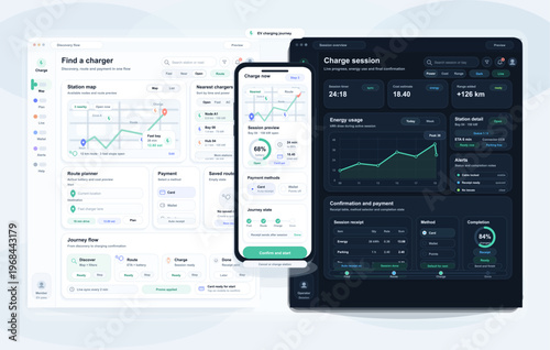 User interface design for an electric vehicle charging app showing light and dark mode dashboards with maps, energy usage charts, route planning, and payment confirmation screens.