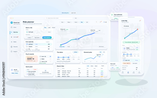 A comprehensive ride-hailing application interface displayed on a desktop monitor and a mobile phone, featuring maps, fare estimates, trip tracking, and user account management tools.
