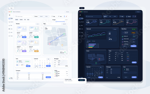 A side-by-side comparison of a rental marketplace dashboard in light and dark modes, featuring data visualization charts, maps, calendars, and property management interface elements.
